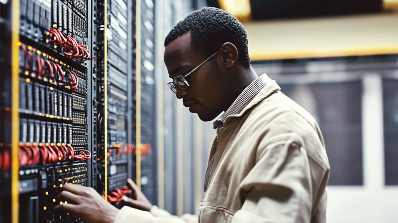 IT engineer working on a server rack in Kenya