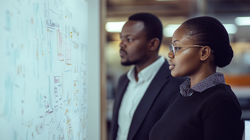 African executives looking at project plan on whiteboard.